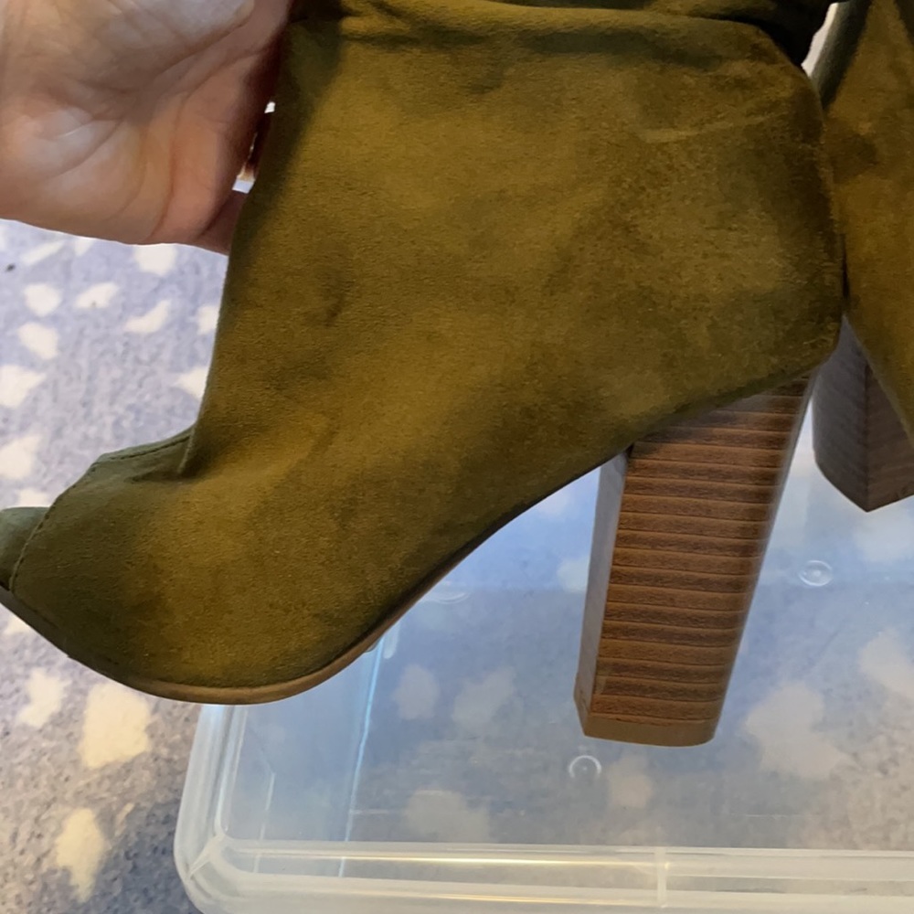 Army Green Suede Booties 5.5; Barely Worn Open Toe - image 2